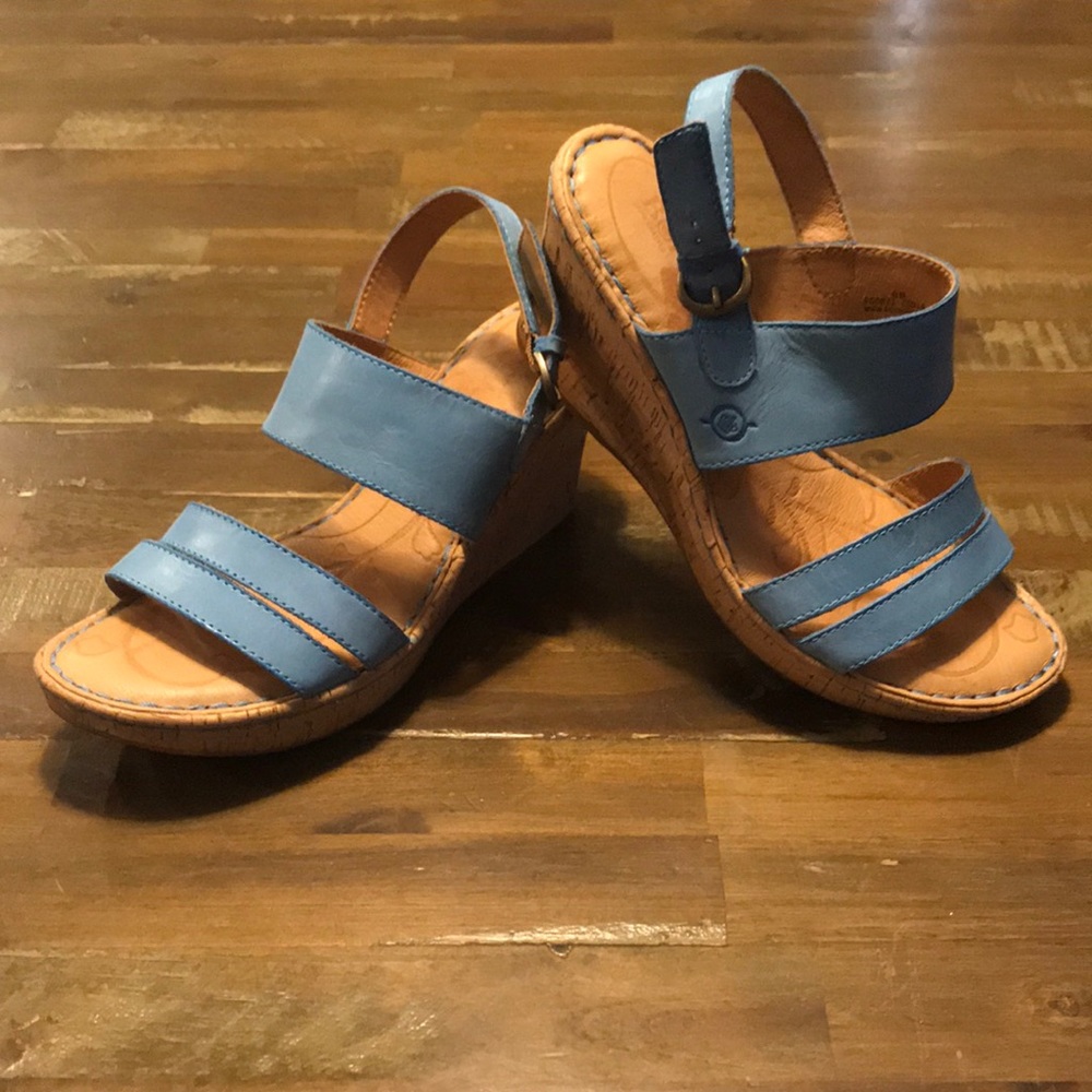 Born Blue Leather Wedge Sandals